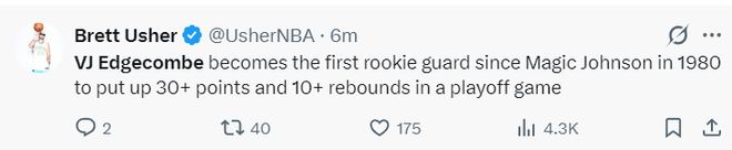 新秀埃奇库姆爆发砍30+10创多项纪录 76人客场大胜